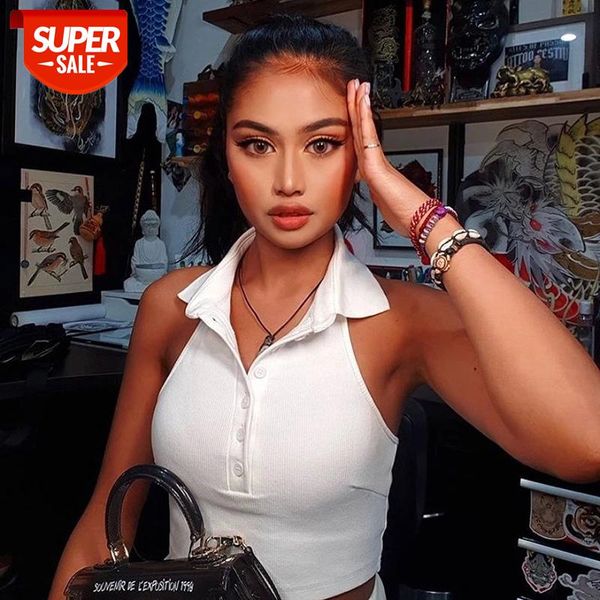 

2020 fashion women short sleeve crop button vest halter casual white tank blouse short basic knit women tank #eq0f
