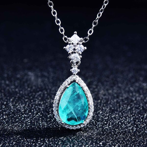 

the new color treasure pendant imitates natural paraiba necklace, pear-shaped jewellery inlaid with diamonds and droplets, Silver