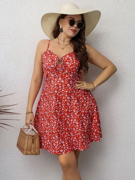 

plus ditsy floral tie front cami dress c964#, Black