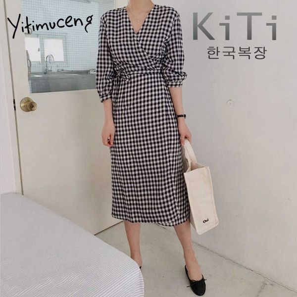 

yitimuceng plaid dresses for women plus size long dress fashion high waist lace up yellow black and white sundress summer 210601, Black;gray