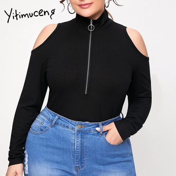 

plus size t-shirt yitimuceng t shirts women knitwear long sleeve strapless zipper o-neck casual oversize tees 2021 fall 3xl 4xl