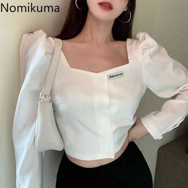

nomikuma square collar puff long sleeve shirt women spring summer short casual korean letters applique blouses 6g955 210427, White