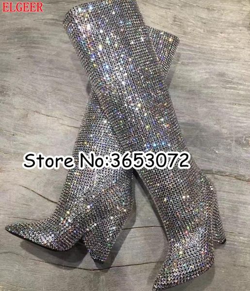 

boots style women slip-on crystal embellished high heels t-stage fashion celebrity knee long shoes, Black