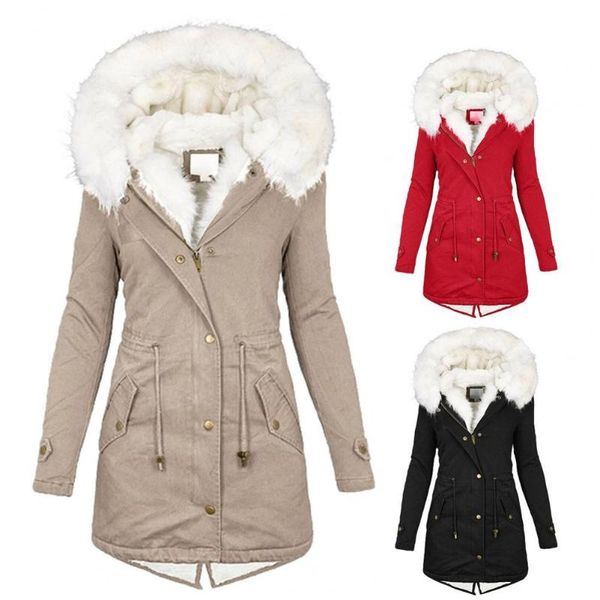 

women's wool & blends coat zipper buttons closure long sleeve waist drawstring jacket plush hooded fleece lined cotton winter outerwear, Black