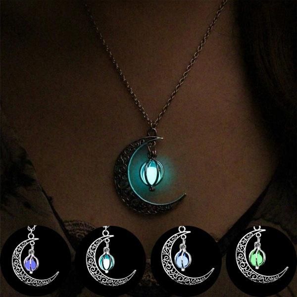 

pendant necklaces halloween moon glowing necklace turquoise charm jewelry silver plated chain luminous christmas gift &&