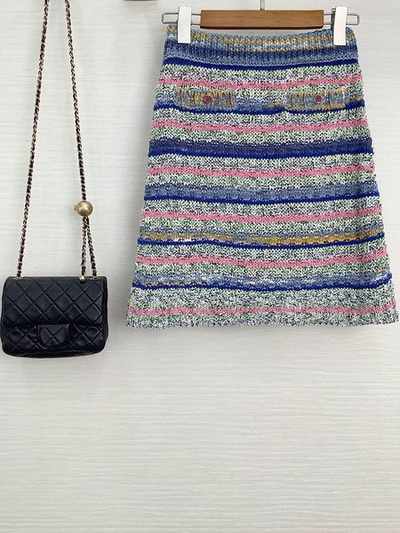 

skirts tweed colorful striped short for women buttons elastic waist a-line fashion casual lady 2021, Black