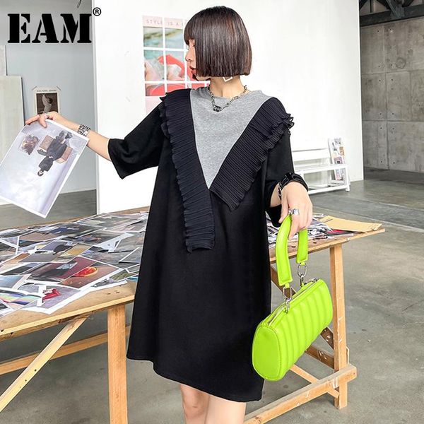 

casual dresses [eam] women black spliced big size ruffles dress round neck half sleeve loose fit fashion tide spring summer 2021 1dd7050, Black;gray