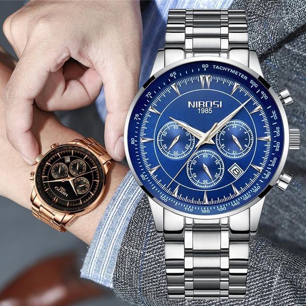 

wristwatches nibosi men watches quartz sport wristwatch waterproof business chronograph watch relogio masculino, Slivery;brown