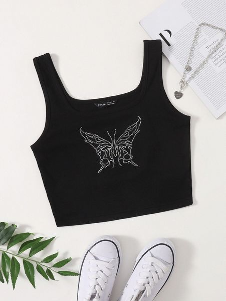 

rhinestone butterfly pattern tank j8rh#, White