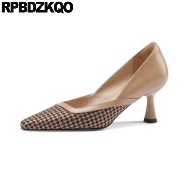 

genuine leather nude pointed toe heels high celebrity shoes modern pumps multi colored women size 33 stiletto plaid 2021 chic dress, Black