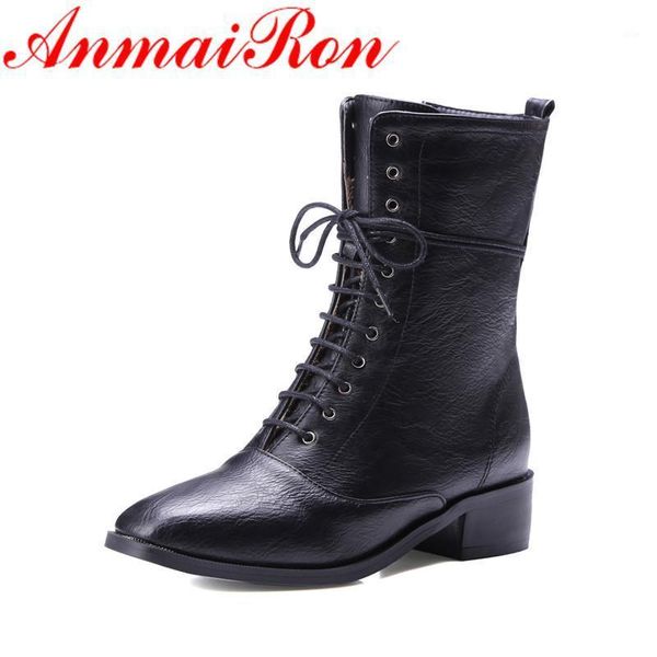 

boots anmairon spring&autumn lace-up roundtoe shoes woman square heels fashion motorcycle ankle for women large size 34-431, Black
