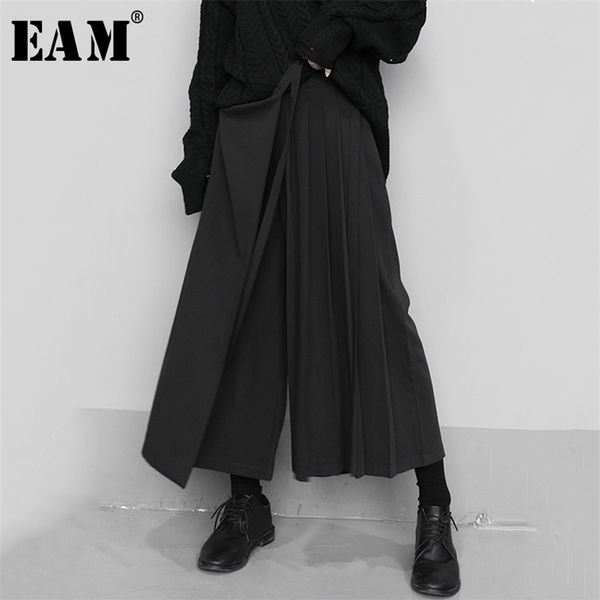 

[eam] high elastic waist black pleated split wide leg trousers loose fit pant fashion spring autumn 1n666 210721, Black;white