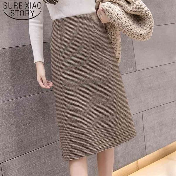 

high waist elegant pencil midi skirt casual fall winter warm wool slim knee length split work plus size 7816 50 210506, Black