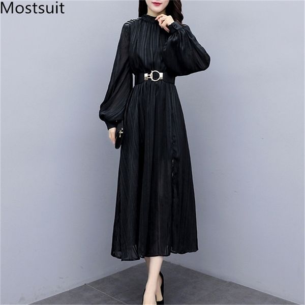 

spring black vintage fashion women long dresses lantern sleeve stand collar belted splitting dress korean elegant vestidos 210513, Black;gray