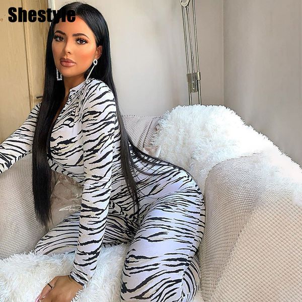 

shestyle white tiger skin print jumpsuits women zipper bodycon autumn long sleeve mock neck wild girl jumpsuit clothesin, Black;white