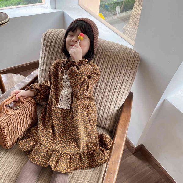 

winter korean style fashion girls floral corduroy thicken dresses kids warm falbala long sleeve princess dress 210508, Red;yellow