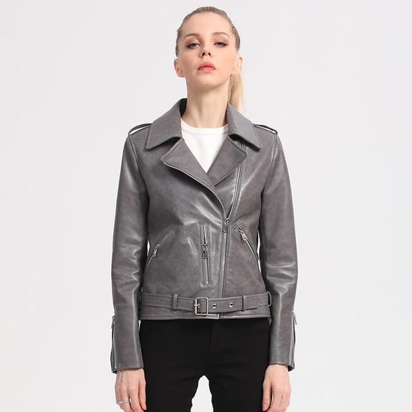 

women's leather & faux shzq 2021 spring clothes short motorcycle jacket snowflake pattern cotton sheepskin slim fit, Black
