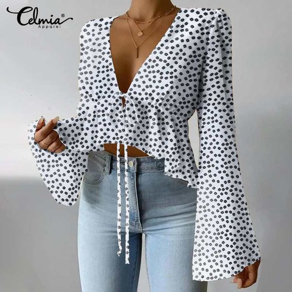 

jacket celmia ruffles lace up shirts women fashion long flare sleeve 2021 summer v-neck vintage daisy printed blouses 5xl blusas, Black;brown
