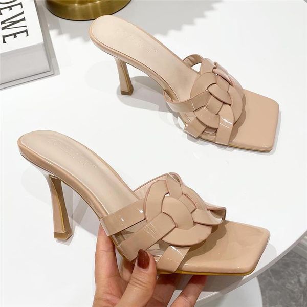 

slippers luxury design weave slides women 9.5cm high heels mules fetish summer sandals lady thin female nude shoes, Black