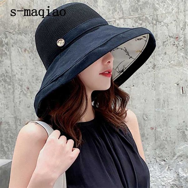 

anti-uv wide brim cotton linen sun hat for women vacation summer panama foldable bucket large korean beach 211119, Blue;gray