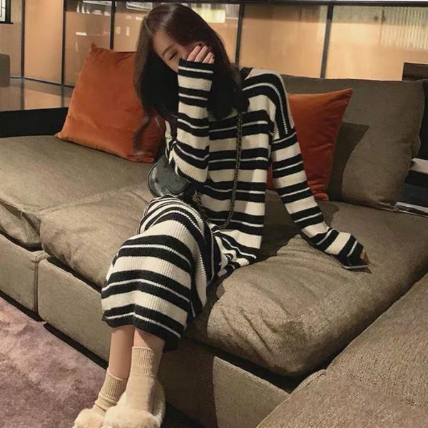 

casual dresses women sweaters korean striped sweater dress causal straight long sleeve o-neck knitted autumn winter baisc vestidos, Black;gray