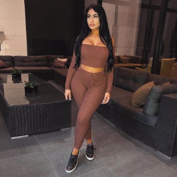 

women tracksuit long sleeve knitted suit with pant 2 piece elastic set club outfits spring sports casual matching women's tracksuits, Gray