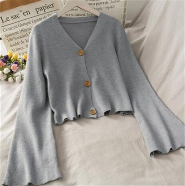 

women's knits & tees female cardigans long flare sleeve 2021 autumn knitted cardigan women button up sweater coats ladies outerwear jw, White