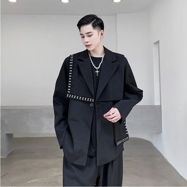 

autumn jacket men fashion rivet irregular hip hop street outerwear black oversize one button suit collar coat male men's jackets, Black;brown
