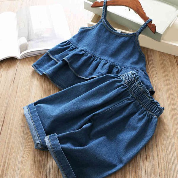

girl's dresses summer denim suit sling wide leg pants 2pcs clothes girl kids sets for girls children z3ht, Red;yellow