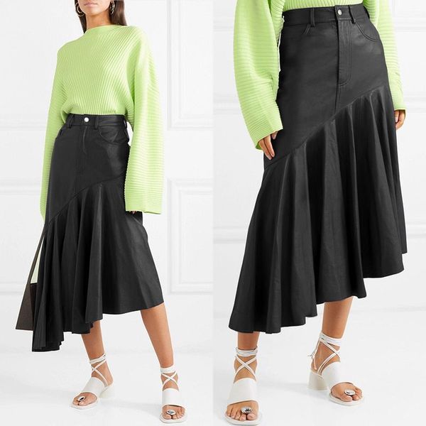 

skirt women vintage 2021 irrgular hem office lady celmia fashion pu leather casual loose high waist long skirt plus size s-5xl, Black