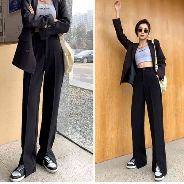 

spring black suit pants woman high waist pockets office ladies fashion straight slit for women 210603, Black;white