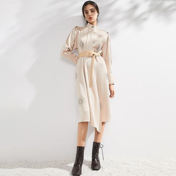 

designer solid color dress women's fashion standing collar long sleeve drill irregular mid length casual dresses, Black;gray