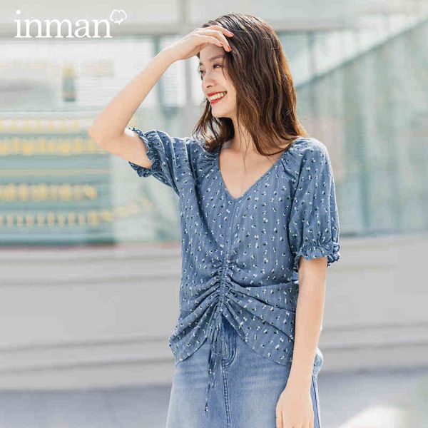 

blouses summer v-neck pure and fresh print shivering drawstring lace-up fashion short sleeve blouse tfsy, White