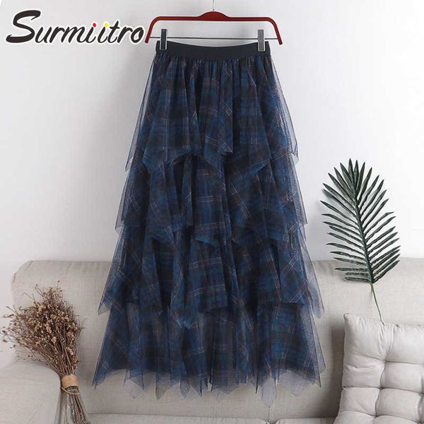 

surmiitro spring summer long tulle skirt women korean patchwork plaid mesh sun school high waist maxi plested skirt female 210712, Black