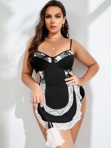 

plus floral print contrast lace costume dress with thong q0t1#, Black;white