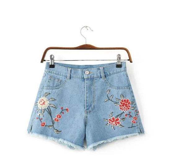 

women's jeans fashion flower embroidery wide leg front fake pocket short, Blue