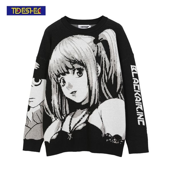 

mens hip hop japanese retro cartoon sweater streetwear harajuku anime girl knitted vintage autumn cotton 210812, White;black