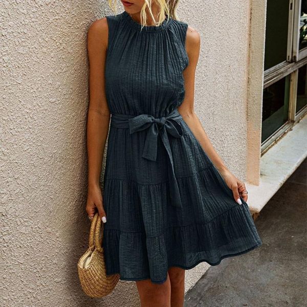 

casual dresses women sleeveless pleated solid color loose swing midi long tank dress with belt, Black;gray