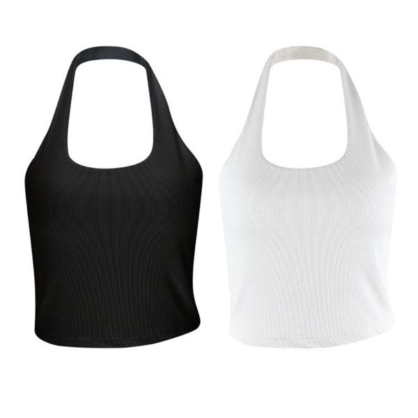 

women's tanks & camis 573b women summer halter backless tank solid color ribbed slim camisole off shoulder sleeveless cropped vest, White
