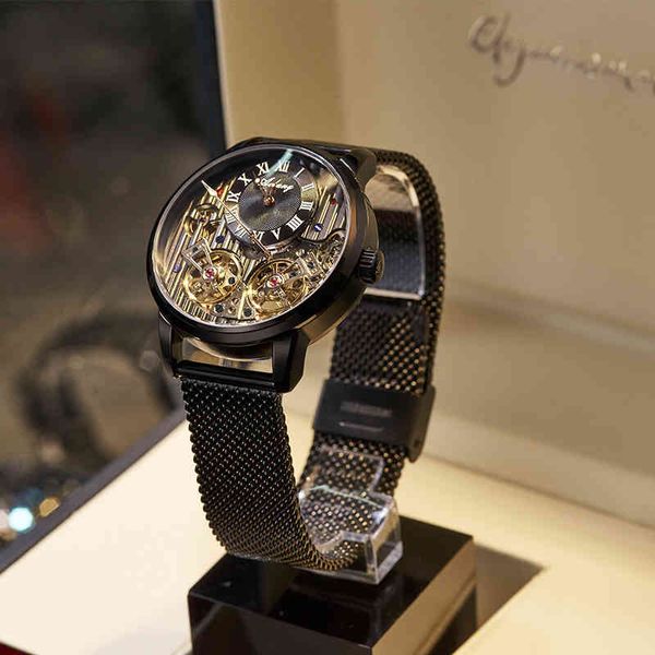 

luxury brand expensive men's watch automatic mechanical quality roman double tourbillon water proof leather male, Silver