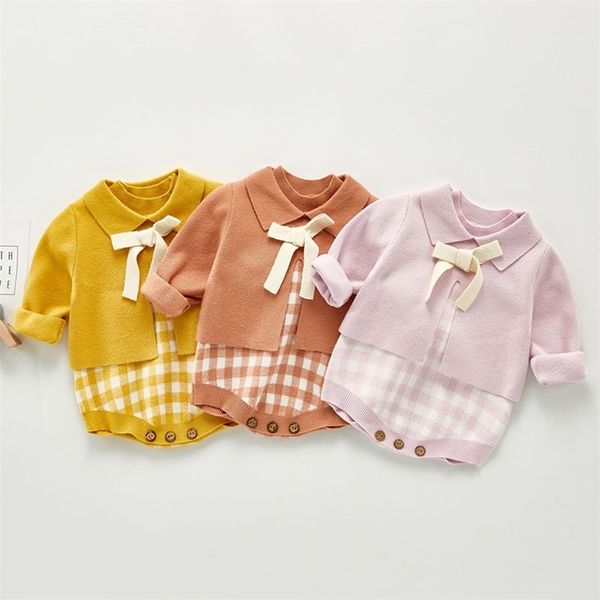 

spring autumn infant baby girls knit long sleeve pure color coat + grid braces rompers clothing sets kids girl suit clothes 210521, White
