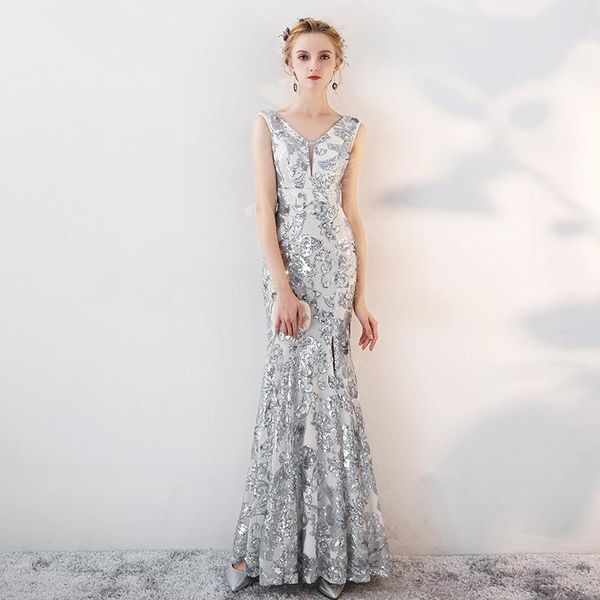 

fashion annual meeting host silver banquet evening dress mesh deep v-neck yarn high slit ethnic clothing, Red