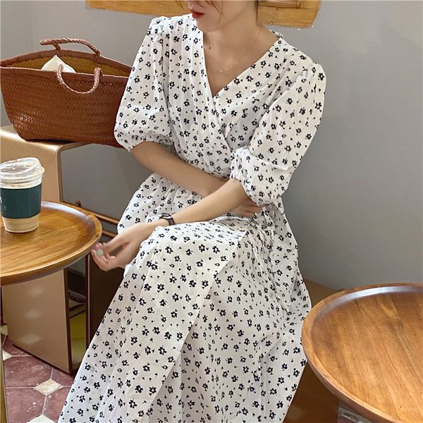 

korean chic style summer women dress vintage floral printed short sleeve french lace up long womens (g9060 210508, Black;gray