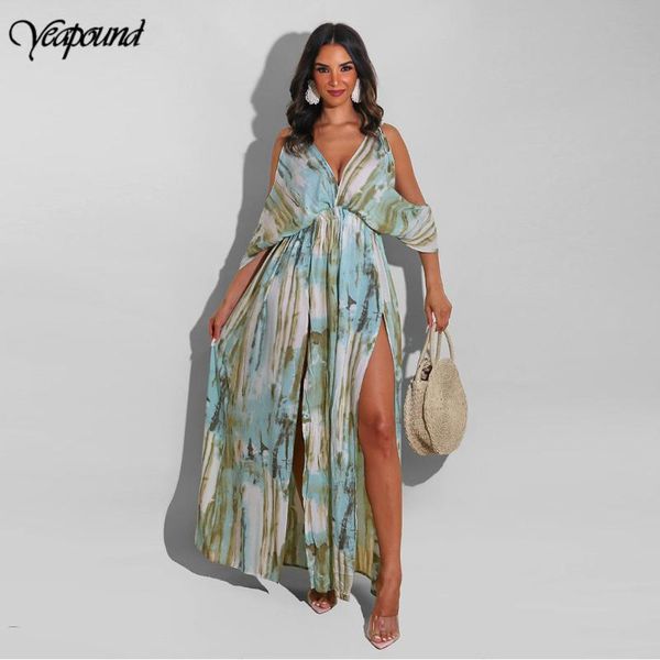 

casual dresses women chic fashion print dress boho holiday long sleeve hollow out shoulder female backless high split vestidos, Black;gray