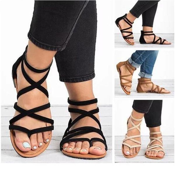 

sandals summer flip flops gladiator shoes beach cross woman slip on flats casual women black brown plus size 34-43