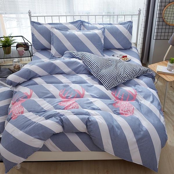 

bedding sets blue white diagonal stripe set deer elk duvet cover quilt bed sheet home textiles pattern good quality