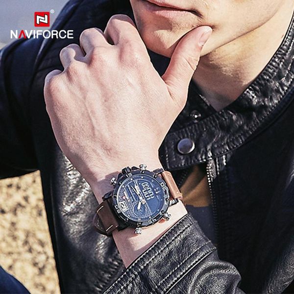 

wristwatches naviforce mens watches fashion business dual time week display led digital leather male quartz waterproof wrist watch big clock, Slivery;brown