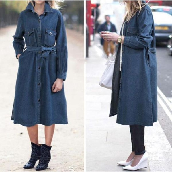 

women's trench coats 2021 nov.11 arrival european & american style denim womens lace-up waist plus size long coat, Tan;black