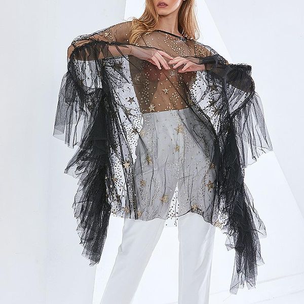 

women's blouses & shirts spring and summer 2021 european american star sequin ruffle mesh lace solid color sunscreen female, White
