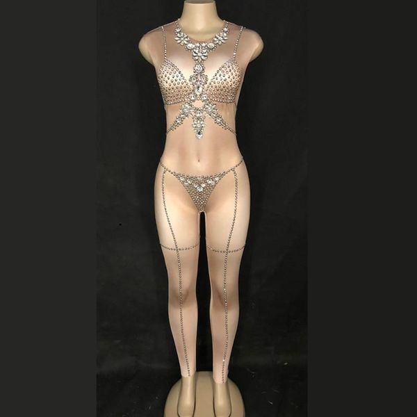 

women's jumpsuits & rompers sparkly crystals stretch jumpsuit silver stones nude one piece outfit nightclub female singer birthday part, Black;white